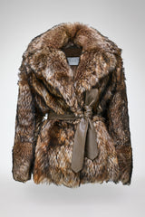 Rhea - Manteau en peau lainée marron foncé
