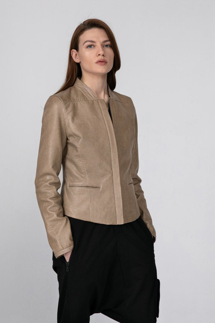 Via Reggio Beige Leather Jacket (M)