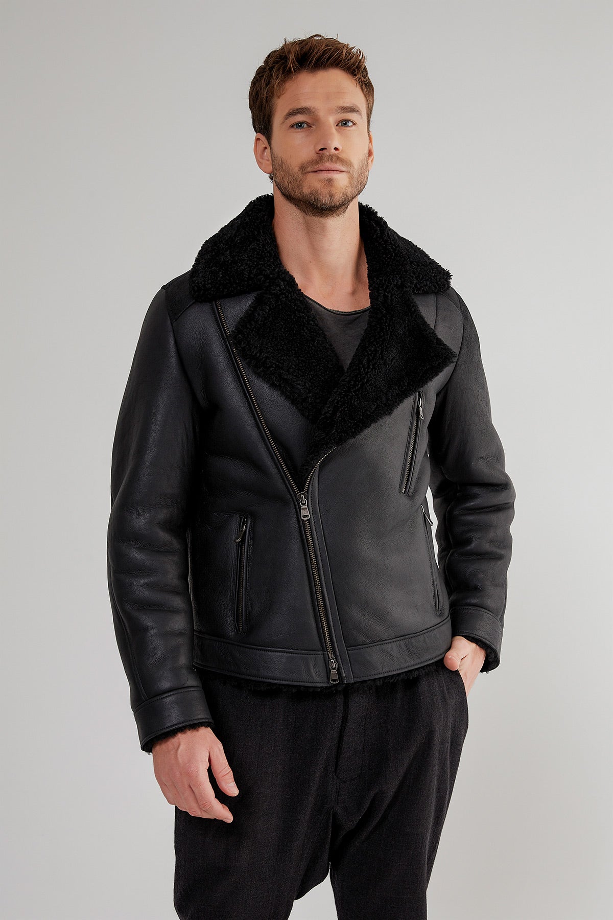 Black shearling cheap jacket mens