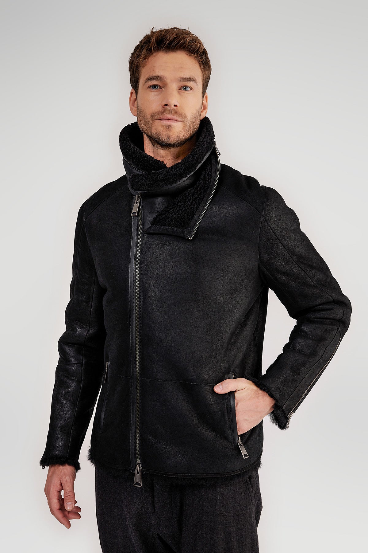 Black shearling jacket clearance mens