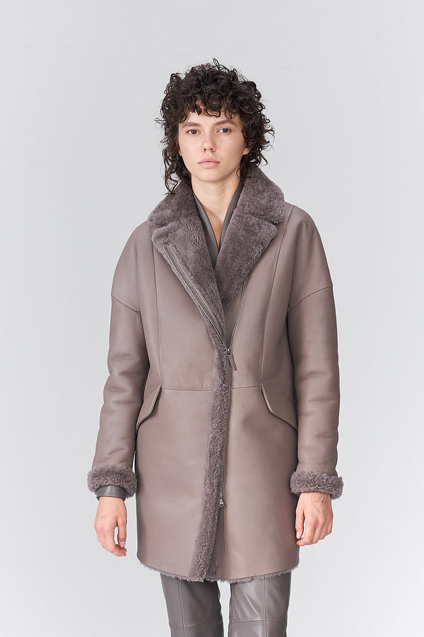 Maéline - Manteau en peau lainée gris