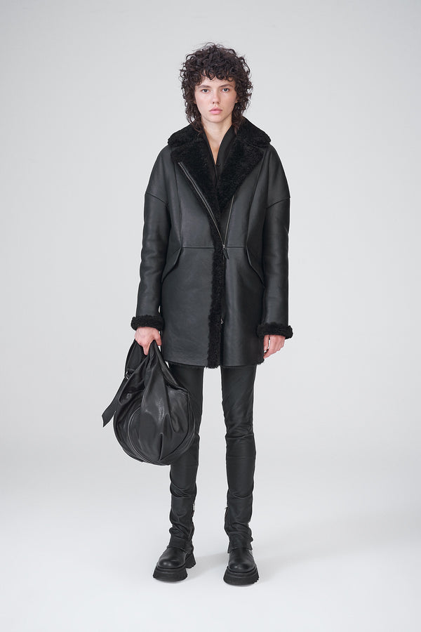 Maéline - Manteau en peau lainée noir