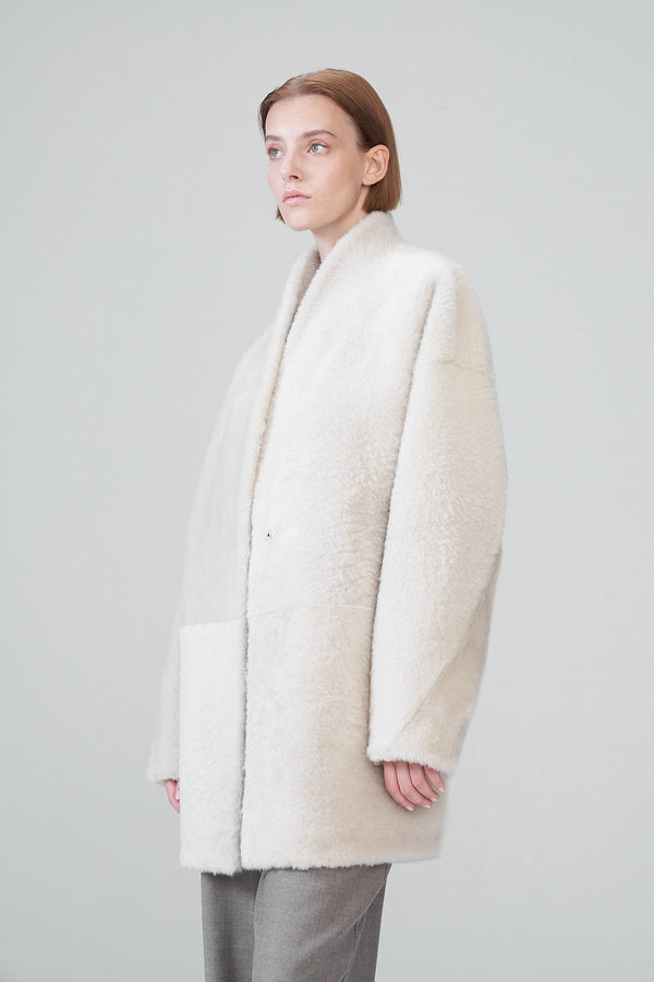 Celya - Manteau en peau lainée crème