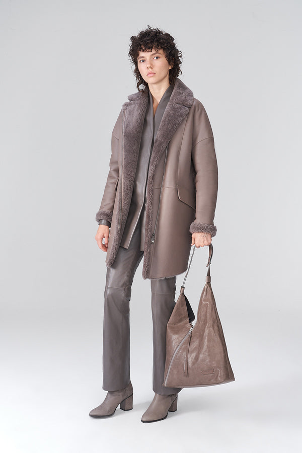 Maéline - Manteau en peau lainée gris