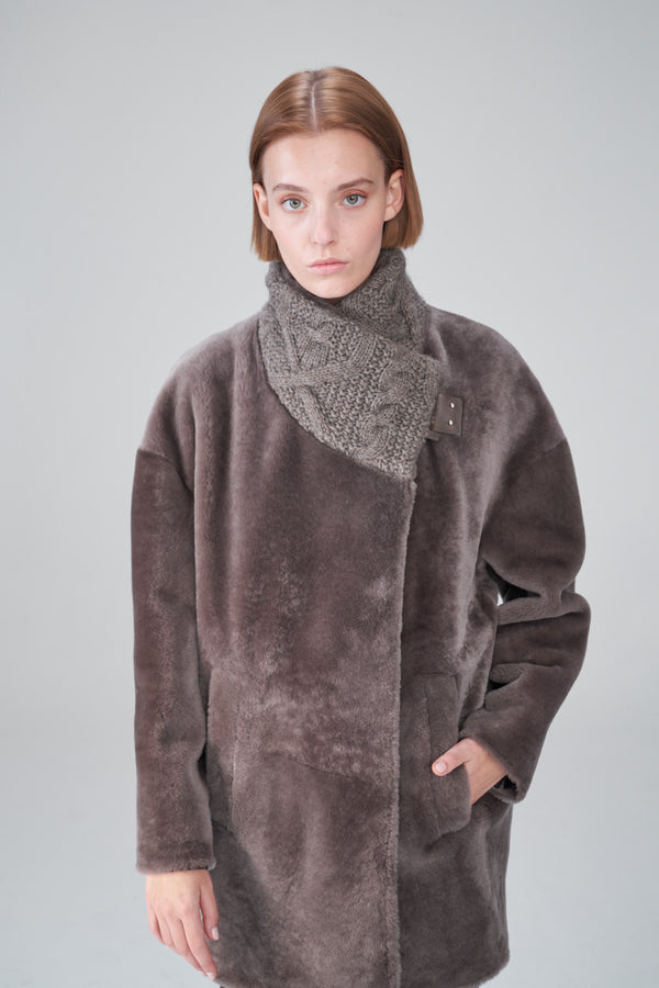 Rosa - Manteau en peau lainée gris