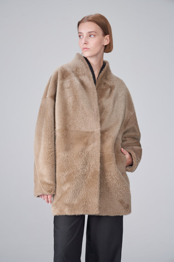 Celya - Manteau en peau lainée beige