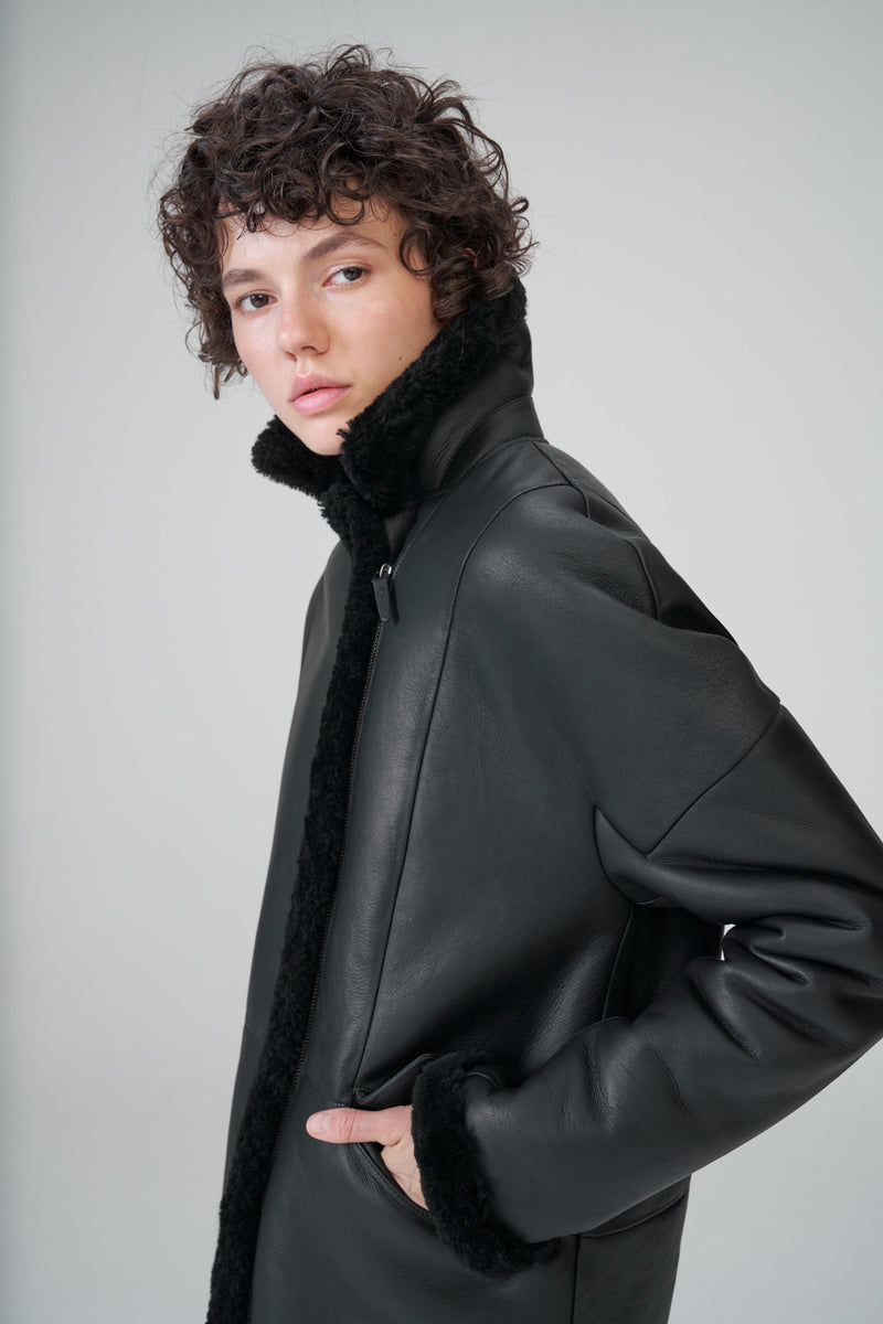 Maéline - Manteau en peau lainée Black