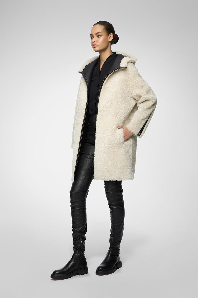 Juliane - Manteau en peau lainée Black White