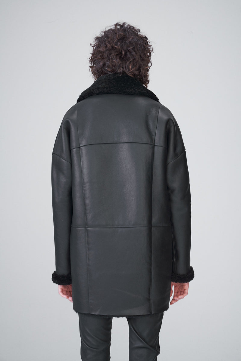 Maéline - Manteau en peau lainée Black