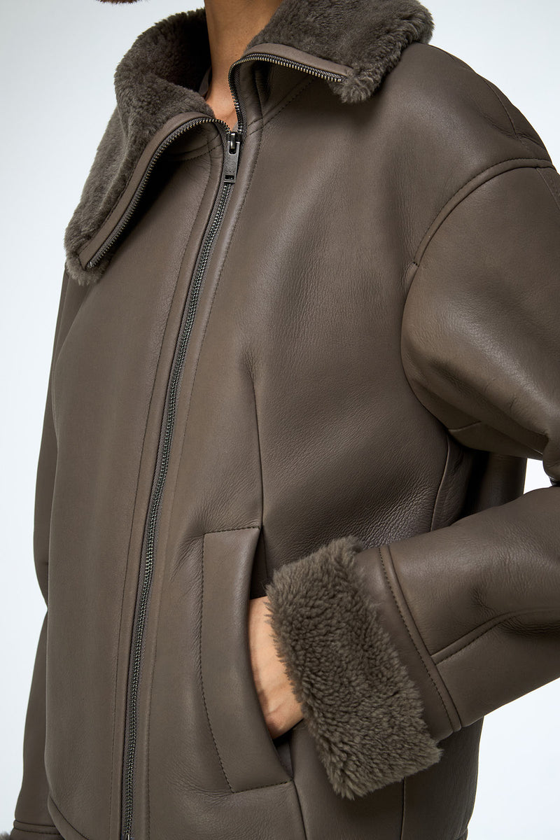 Pia - Stone Shearling Jacket