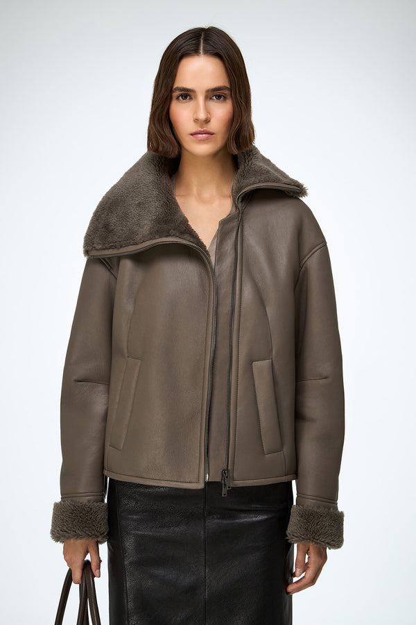Pia - Stone Shearling Jacket