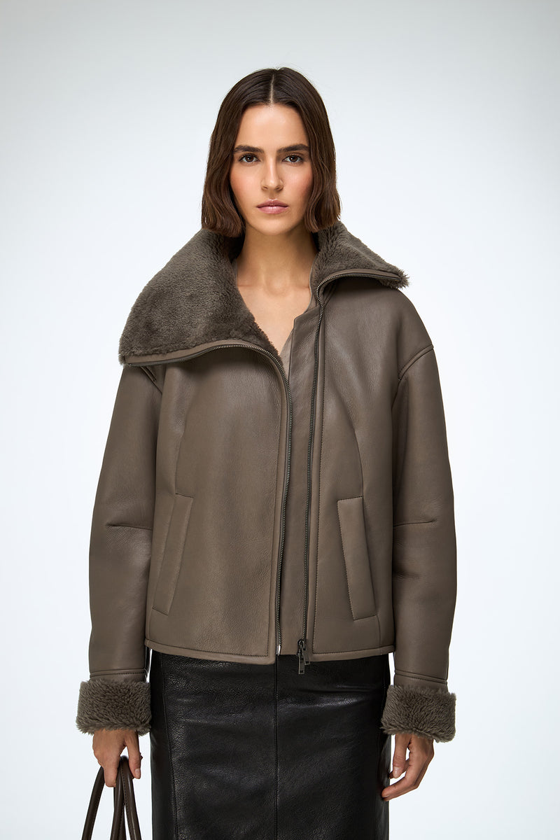 Pia - Stone Shearling Jacket