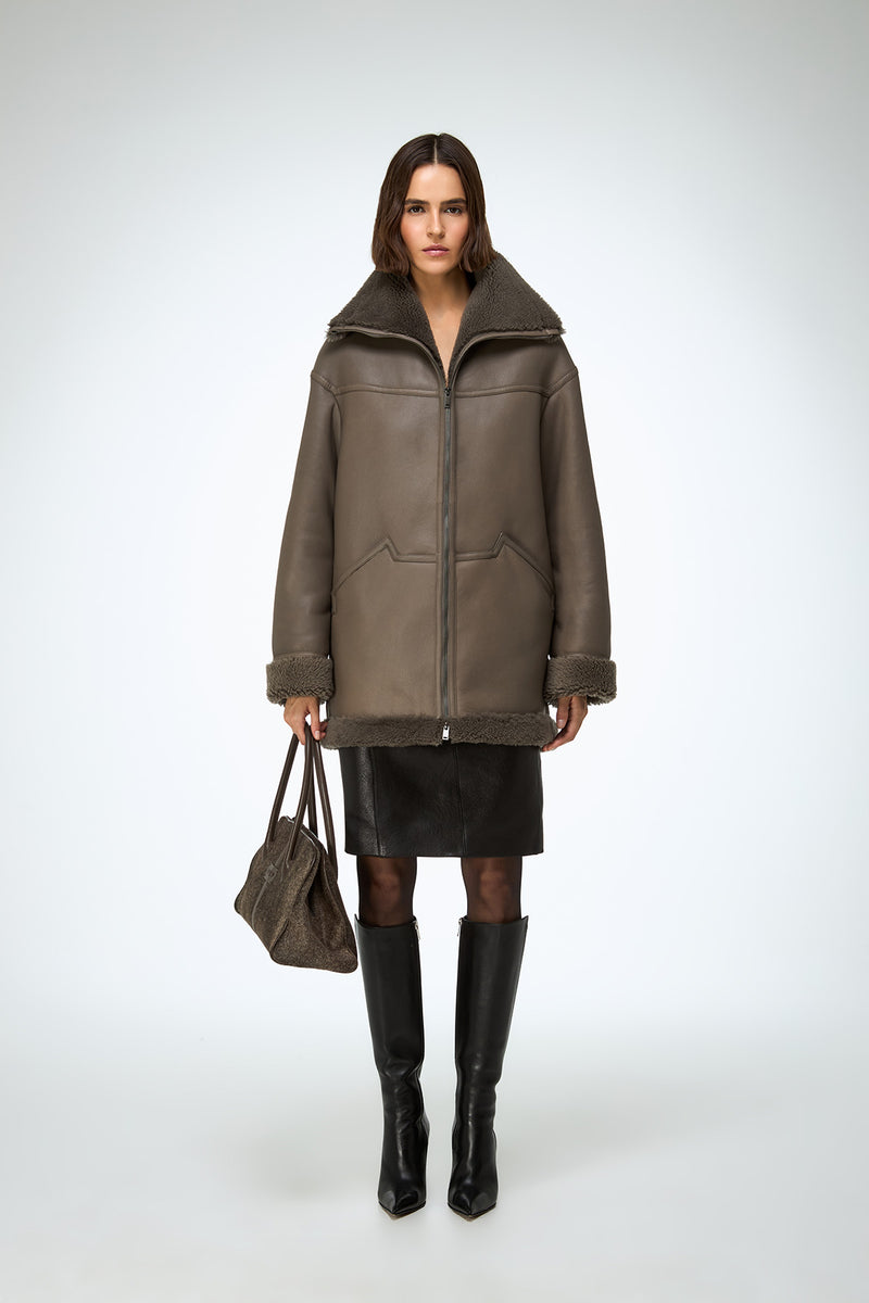 Dina - Stone Shearling Coat