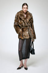 Rhea - Manteau en peau lainée marron foncé