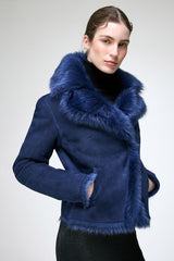 Aurora - Veste en peau lainée bleue