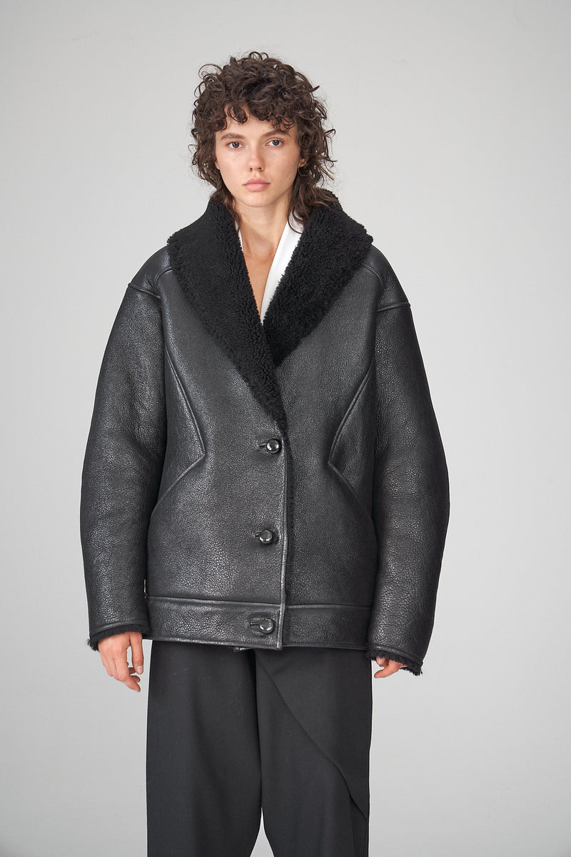 Nila - Manteau en peau lainée Black