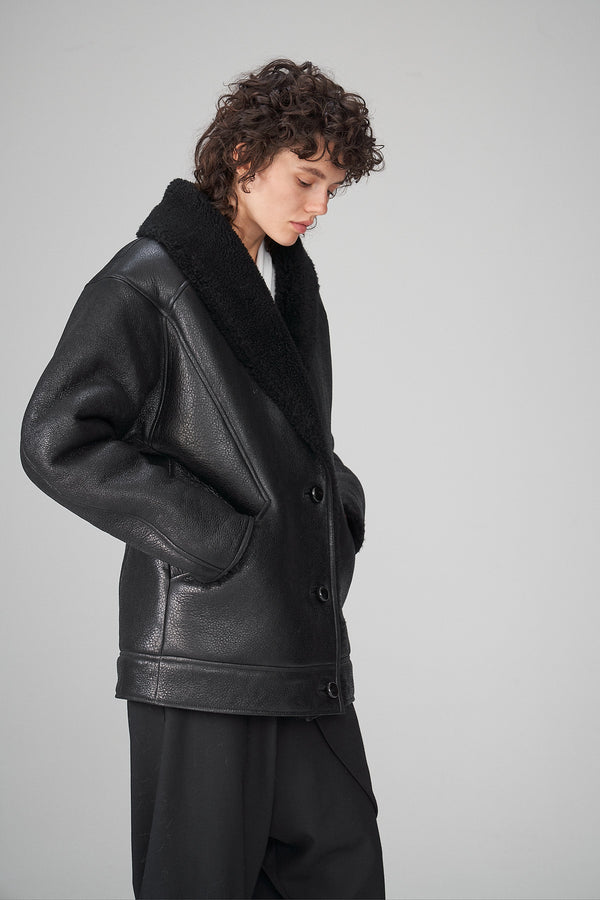 Nila - Manteau en peau lainée noir