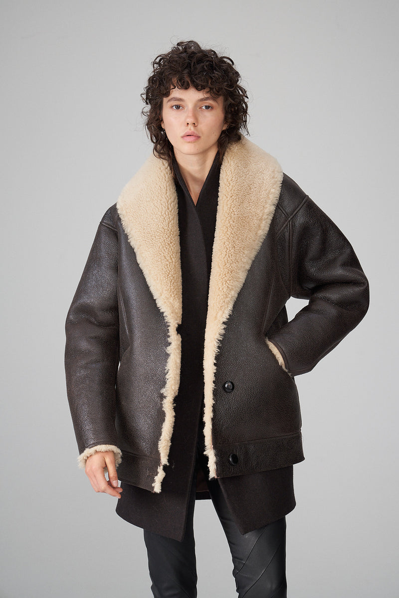 Nila - Manteau en peau lainée Brown