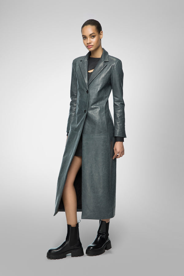 Grey leather coat womens best sale