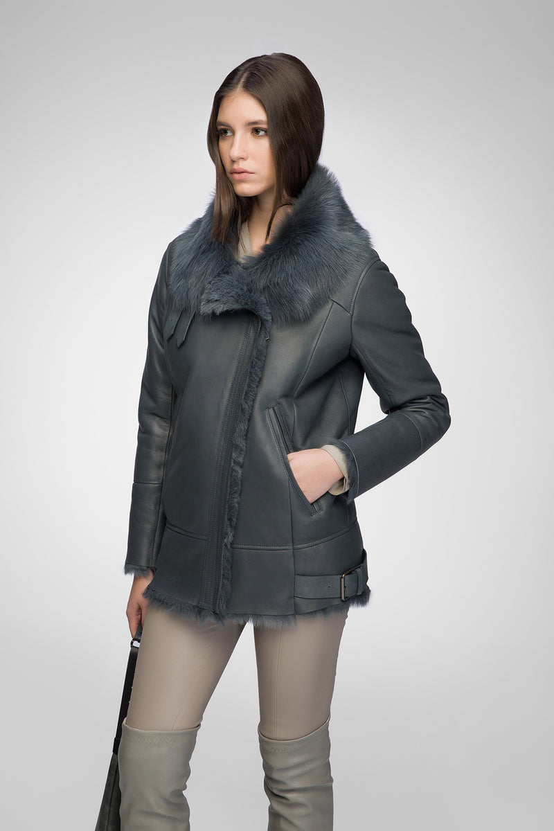 Paige - Veste en shearling indigo foncé