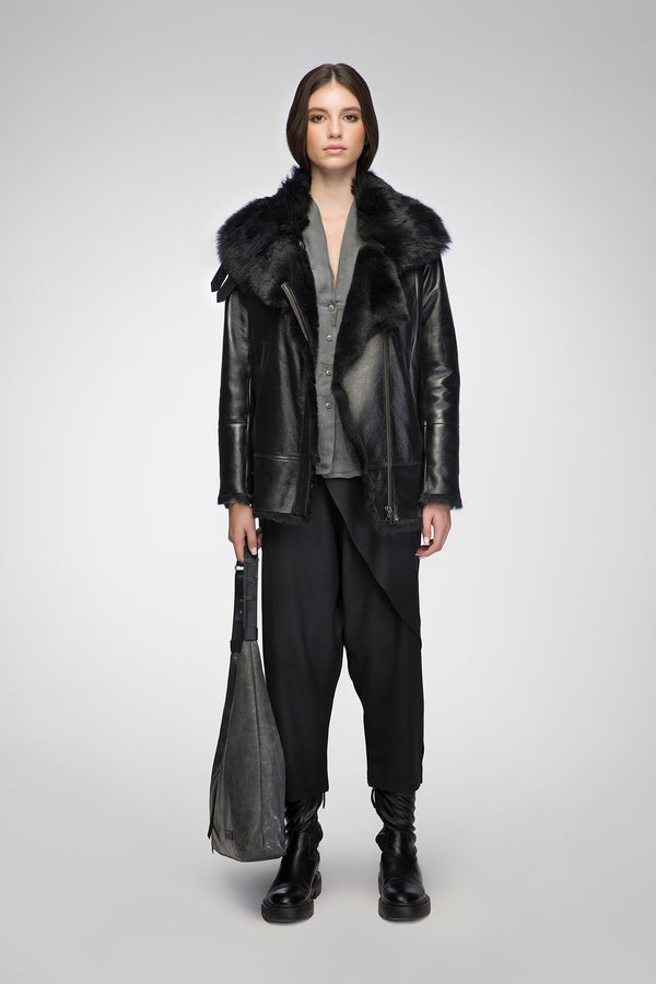 Black shearling coat womens online