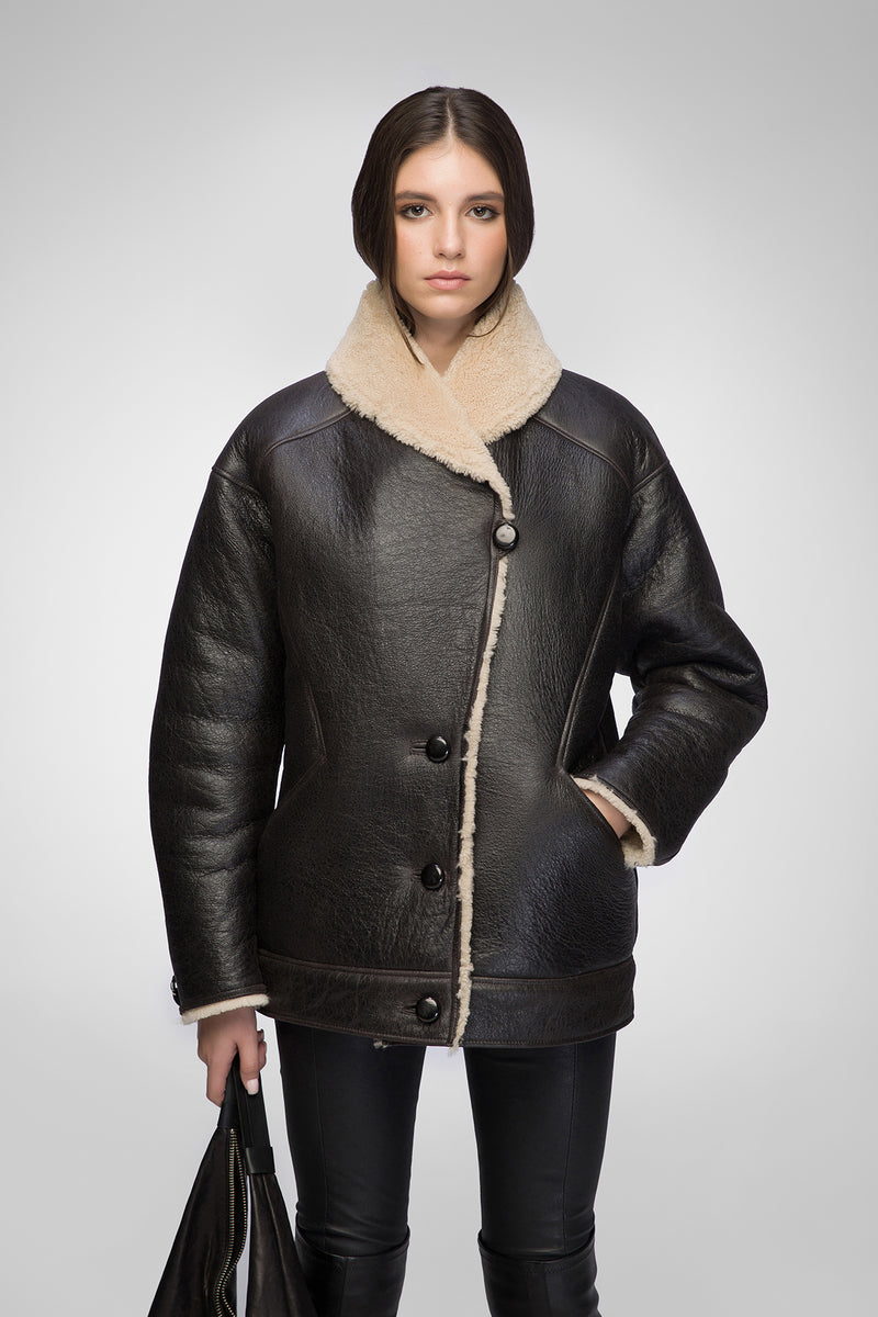 Nila - Manteau en peau lainéee Marron Beige