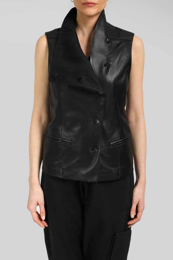 Black Real Leather Vest Woman Ruffles Sleeveless Real Leather Gilet Jacket  Tops