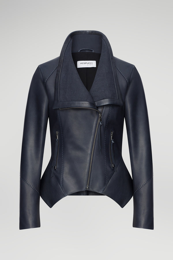 Ella - Blue Grey Leather Jacket