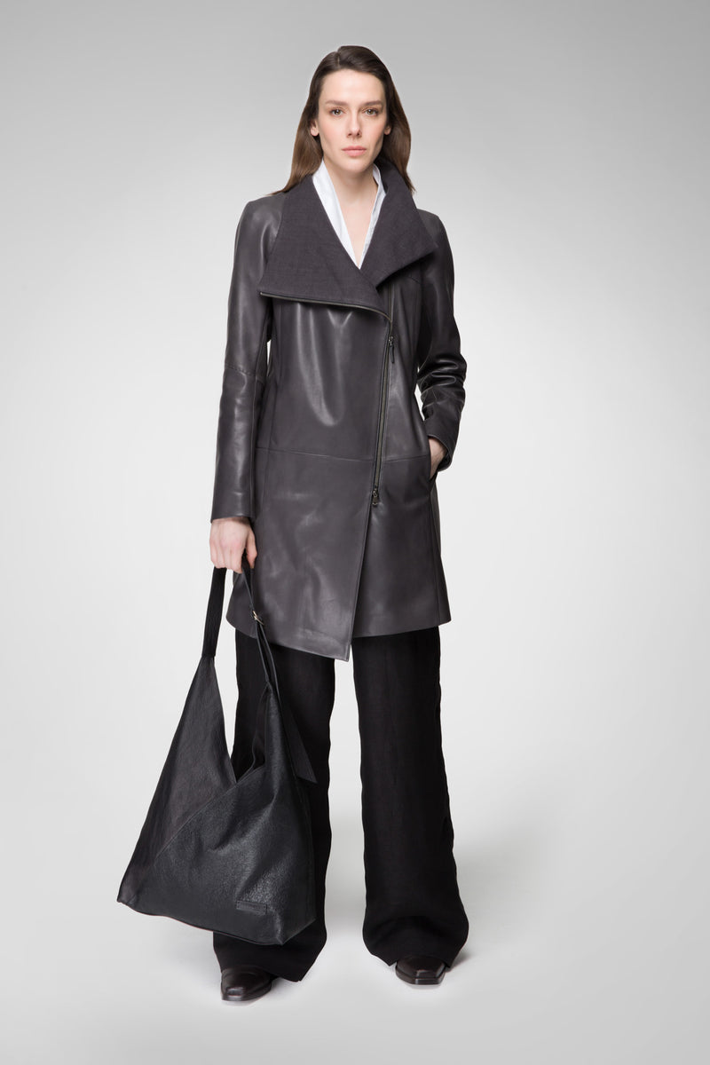 Sara - Anthracite Leather Coat