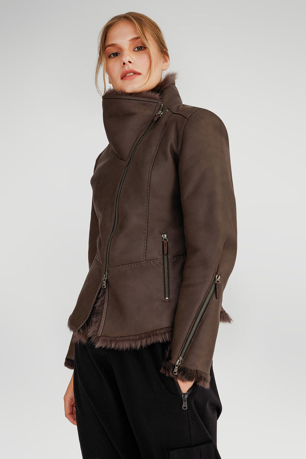 Veste en peau lainée Marron Anthracite